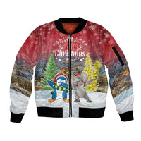 Personalised Christmas In July Sleeve Zip Bomber Jacket Funny Dabbing Dance Koala And Blue Penguins LT05 Unisex Red - Polynesian Pride