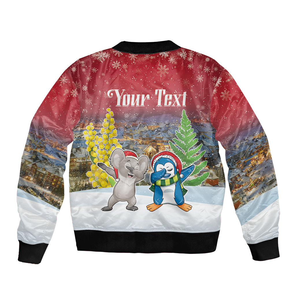 Personalised Christmas In July Sleeve Zip Bomber Jacket Funny Dabbing Dance Koala And Blue Penguins LT05 - Polynesian Pride