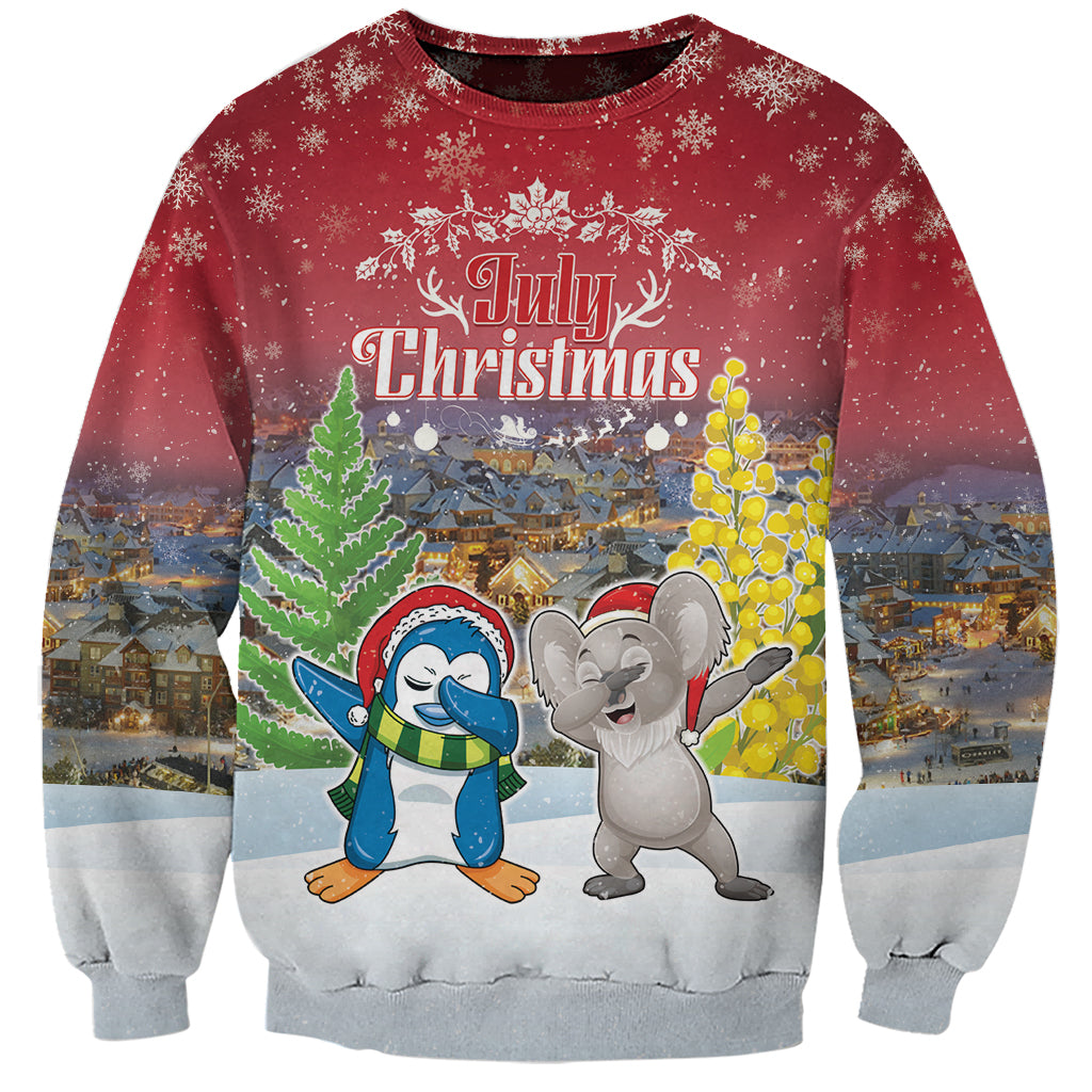 Personalised Christmas In July Sweatshirt Funny Dabbing Dance Koala And Blue Penguins LT05 Unisex Red - Polynesian Pride