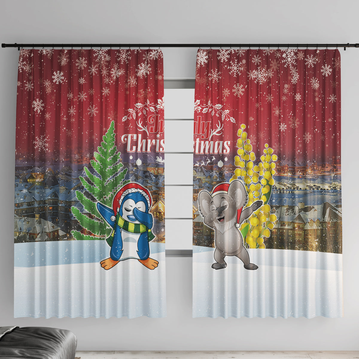 Christmas In July Window Curtain Funny Dabbing Dance Koala And Blue Penguins LT05 With Hooks Red - Polynesian Pride