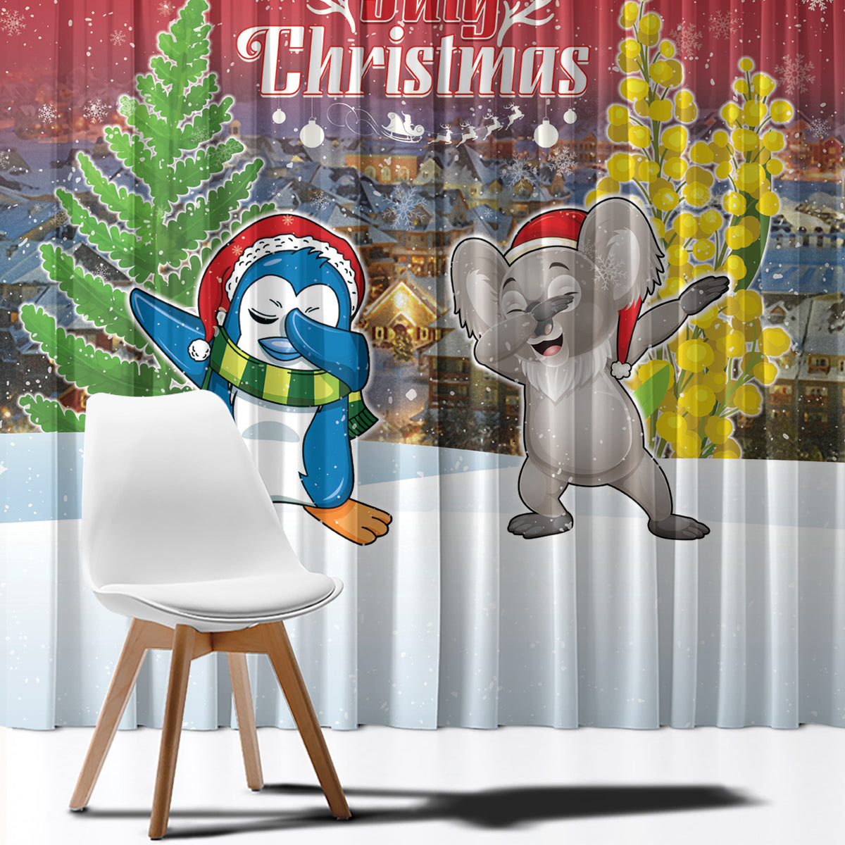 Christmas In July Window Curtain Funny Dabbing Dance Koala And Blue Penguins LT05 - Polynesian Pride