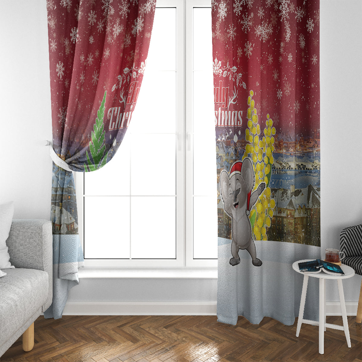 Christmas In July Window Curtain Funny Dabbing Dance Koala And Blue Penguins LT05 - Polynesian Pride