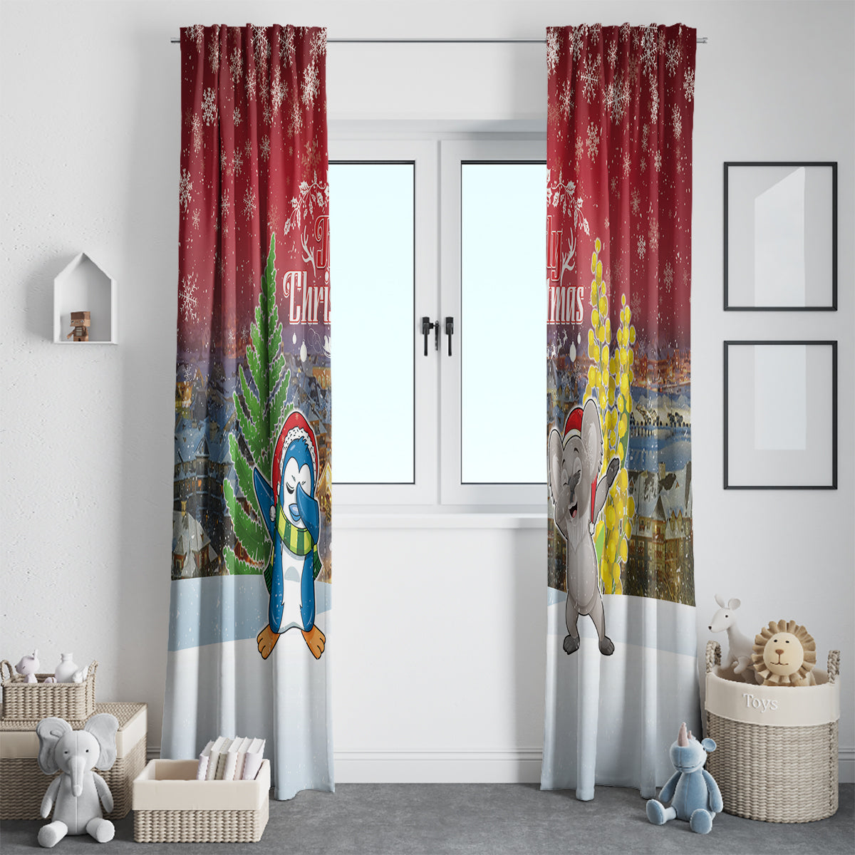 Christmas In July Window Curtain Funny Dabbing Dance Koala And Blue Penguins LT05 - Polynesian Pride
