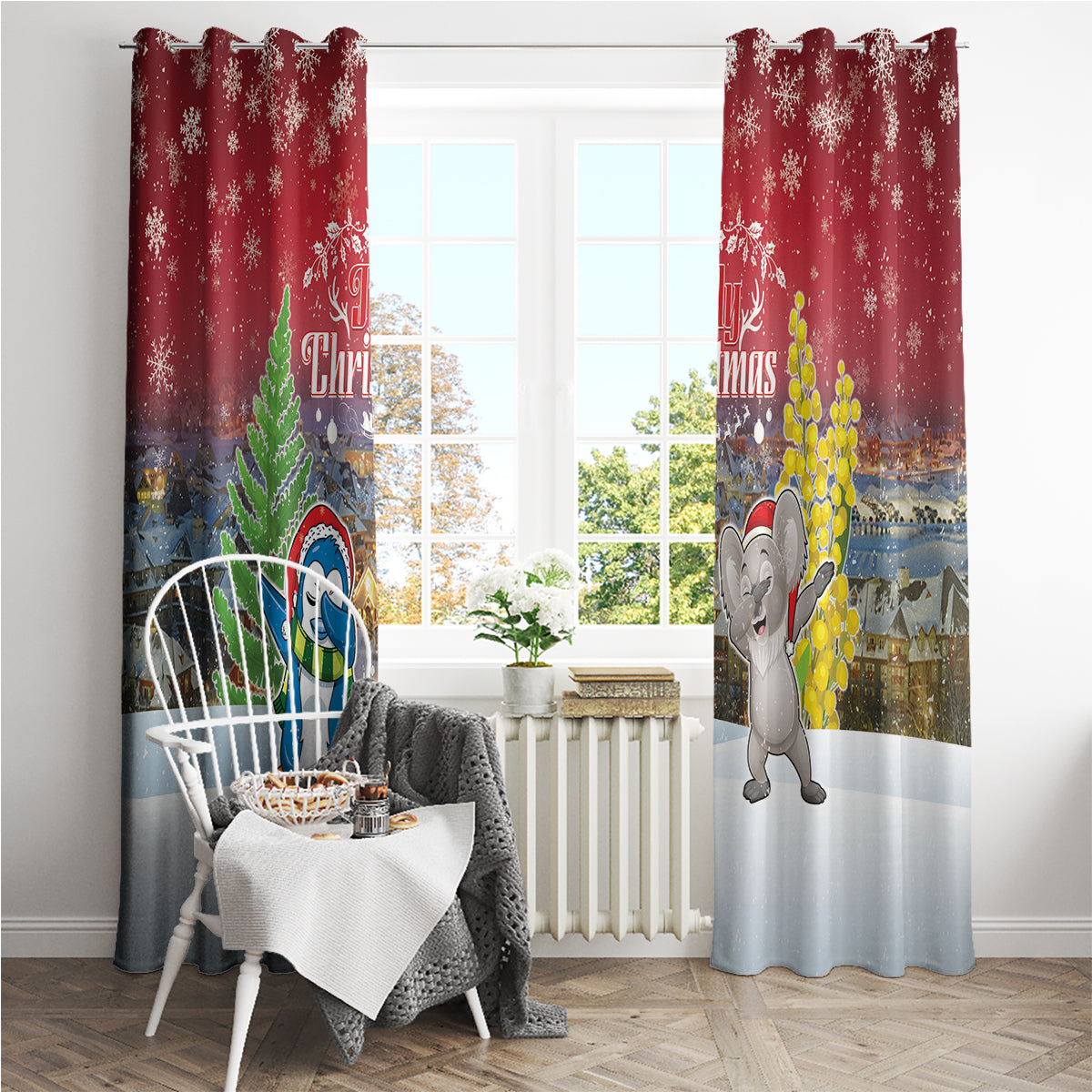 Christmas In July Window Curtain Funny Dabbing Dance Koala And Blue Penguins LT05 - Polynesian Pride