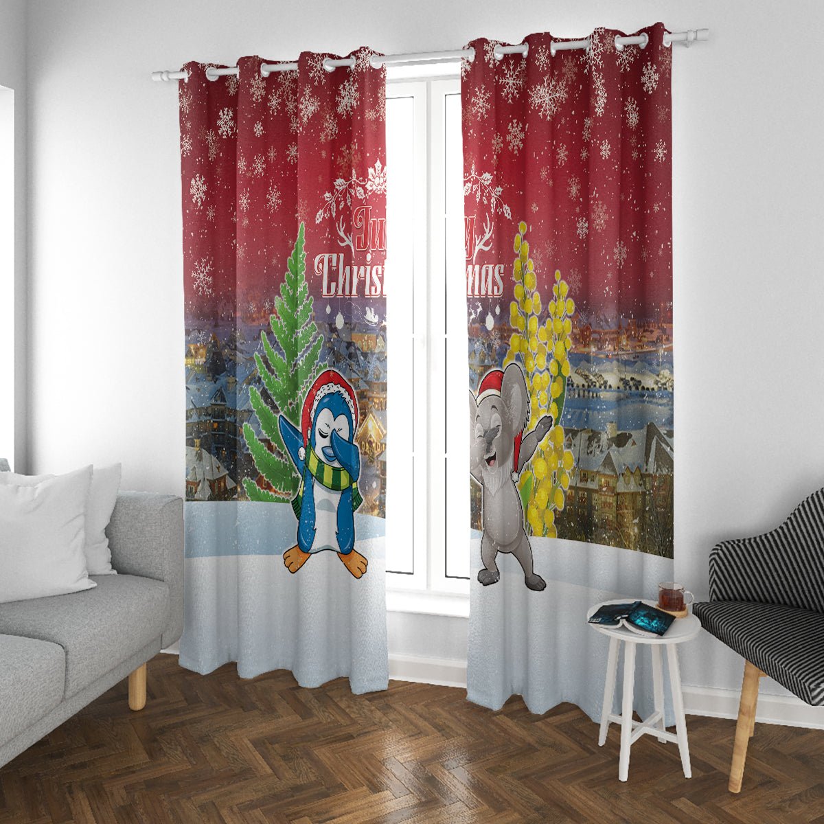 Christmas In July Window Curtain Funny Dabbing Dance Koala And Blue Penguins LT05 With Grommets Red - Polynesian Pride