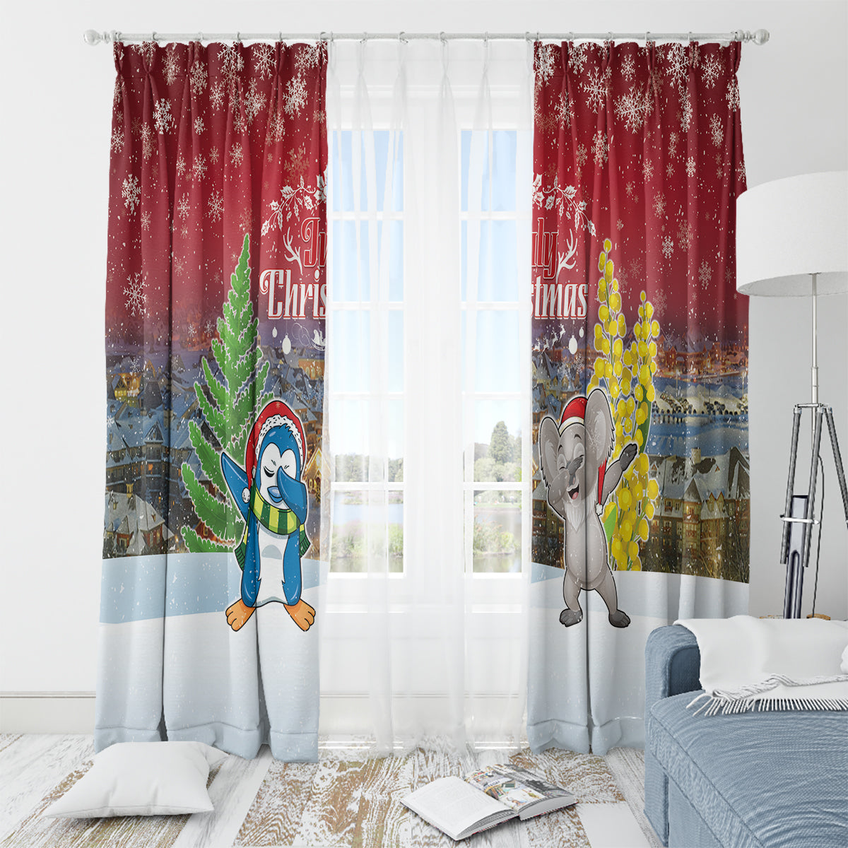 Christmas In July Window Curtain Funny Dabbing Dance Koala And Blue Penguins LT05 - Polynesian Pride