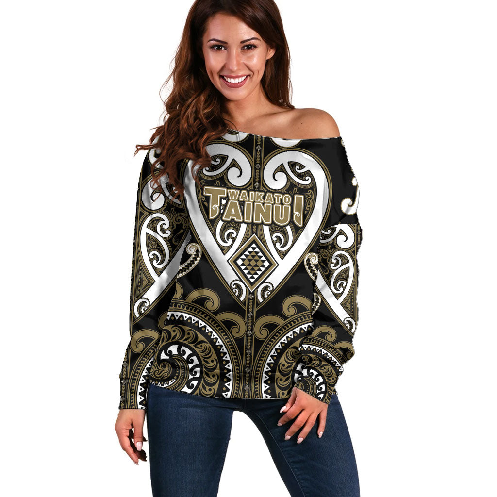 Custom Aotearoa Waikato Tainui Off Shoulder Sweater Maori Tribal Pattern LT05 Women Dark Yellow - Polynesian Pride