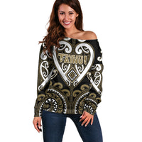 Custom Aotearoa Waikato Tainui Off Shoulder Sweater Maori Tribal Pattern LT05 Women Dark Yellow - Polynesian Pride