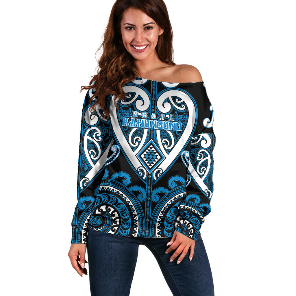 Custom Aotearoa Ngati Kahungunu Off Shoulder Sweater Maori Tribal Pattern LT05 Women Blue - Polynesian Pride