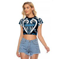 Custom Aotearoa Ngati Kahungunu Raglan Cropped T Shirt Maori Tribal Pattern LT05 Female Blue - Polynesian Pride