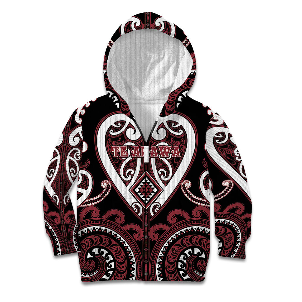 Custom Aotearoa Te Arawa Kid Hoodie Maori Tribal Pattern LT05 Zip Hoodie Red - Polynesian Pride