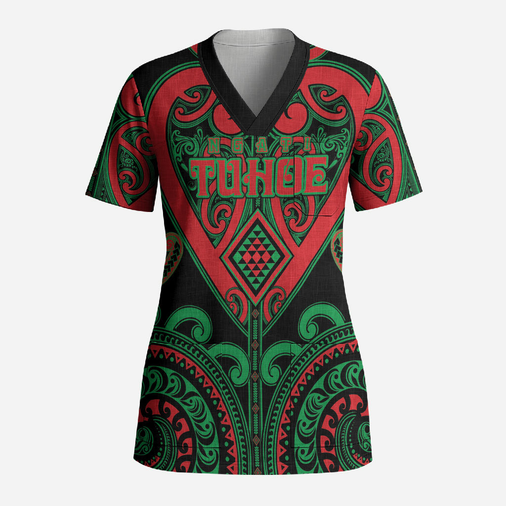 Custom Aotearoa Ngai Tuhoe Scrub Top Maori Tribal Pattern LT05 Adult Black - Polynesian Pride