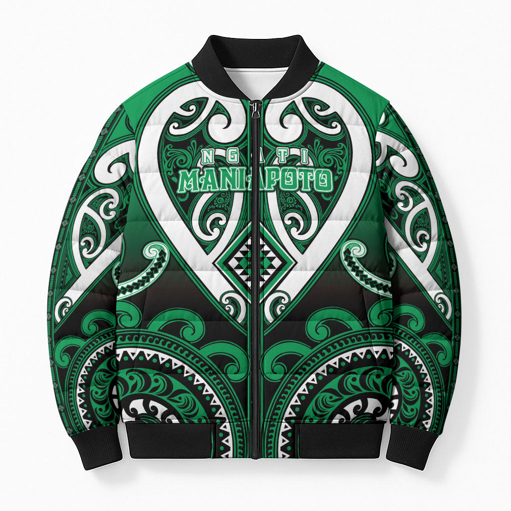 Custom Aotearoa Ngati Maniapoto Bomber Puffer Jacket Maori Tribal Pattern LT05 Unisex Green - Polynesian Pride