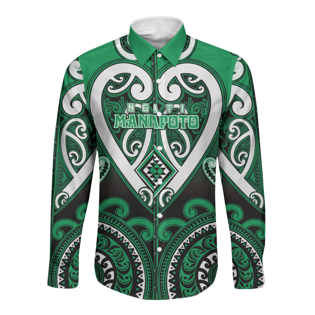 Custom Aotearoa Ngati Maniapoto Long Sleeve Button Shirt Maori Tribal Pattern LT05 Unisex Green - Polynesian Pride