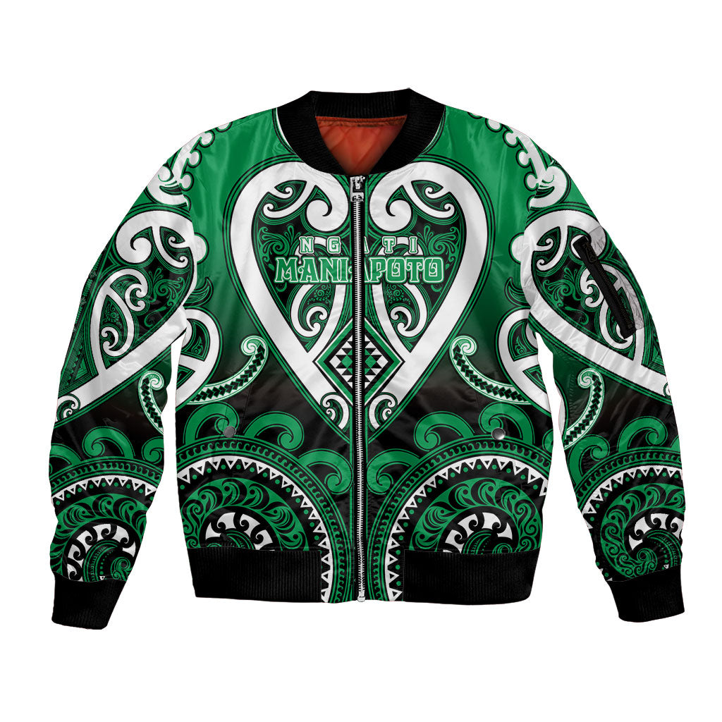 Custom Aotearoa Ngati Maniapoto Sleeve Zip Bomber Jacket Maori Tribal Pattern LT05 Unisex Green - Polynesian Pride