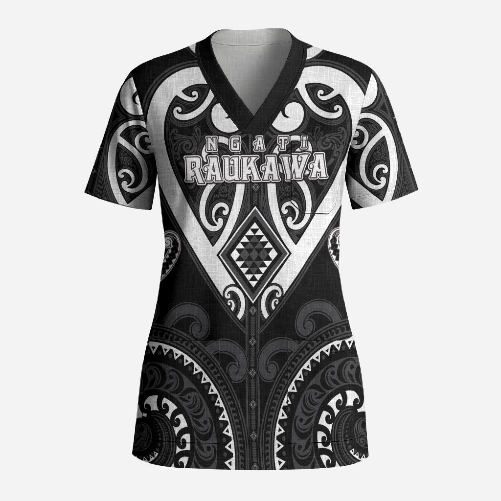 Custom Aotearoa Ngati Raukawa Scrub Top Maori Tribal Pattern LT05 Adult Black - Polynesian Pride