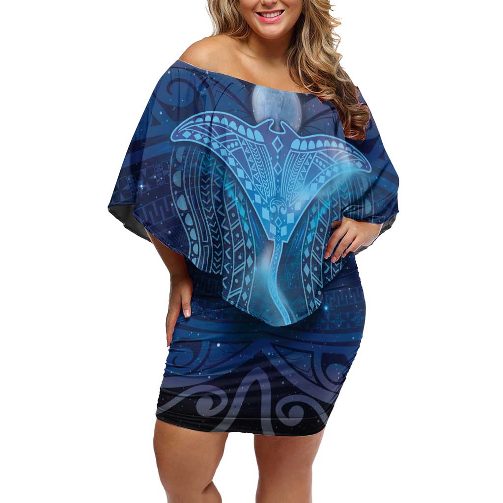 Polynesia Manta Ray Off Shoulder Short Dress Let's The Sea Set You Free LT05 Women Blue - Polynesian Pride