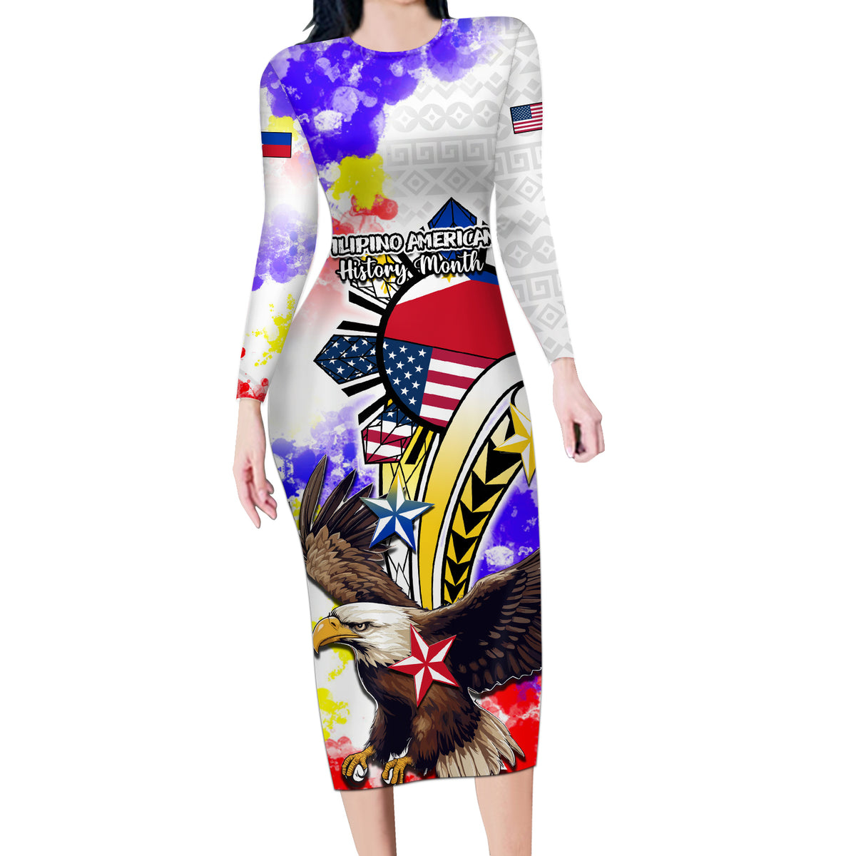 Personalized Filipino American History Month Long Sleeve Bodycon Dress The Eight-Rayed Sun Flags With Bald Eagle LT05 Long Dress White - Polynesian Pride