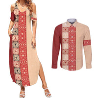 Papua New Guinea Couples Matching Summer Maxi Dress and Long Sleeve Button Shirt Oro Tapa Pattern LT05 Beige - Polynesian Pride
