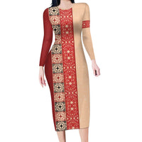 Papua New Guinea Long Sleeve Bodycon Dress Oro Tapa Pattern LT05 Long Dress Beige - Polynesian Pride