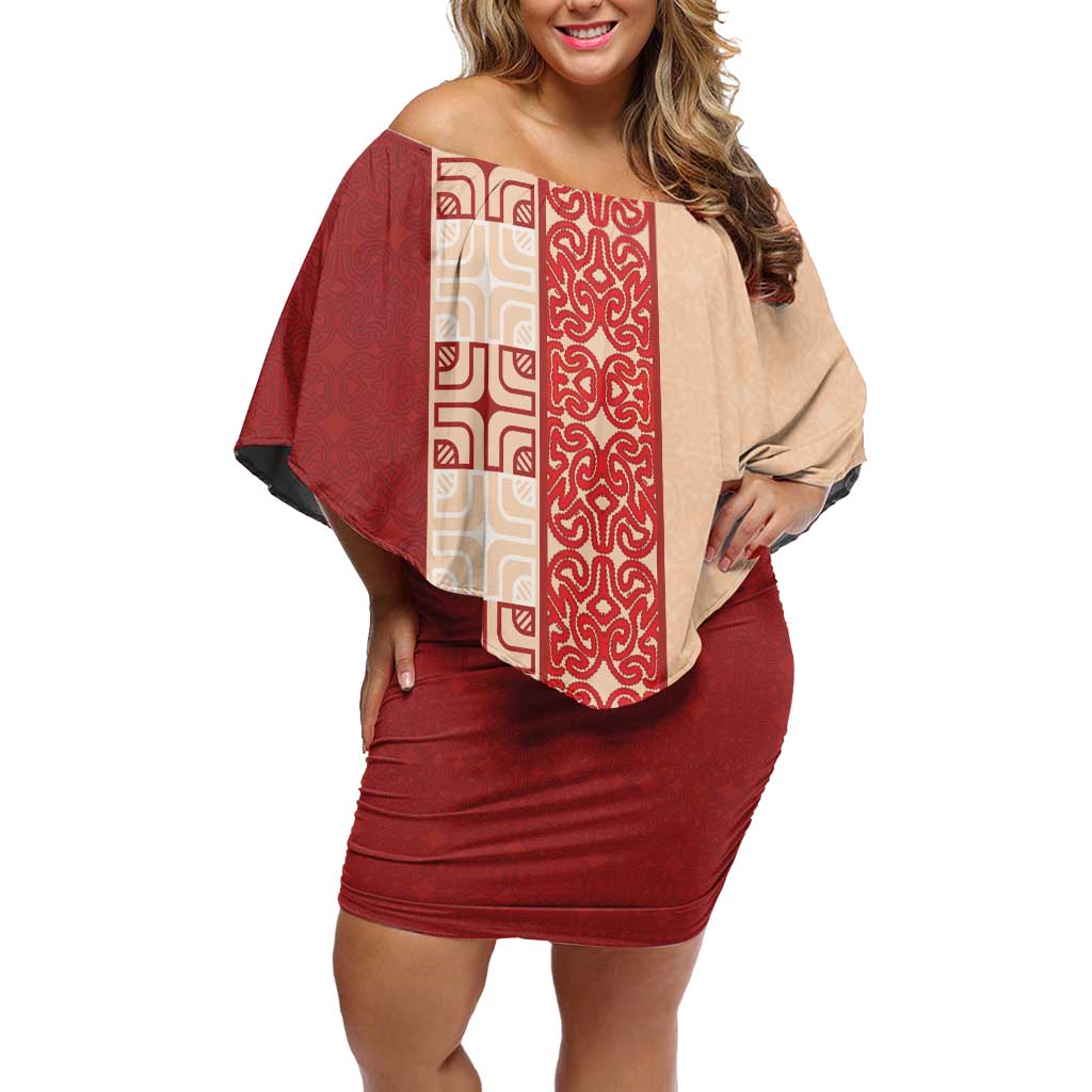 Papua New Guinea Off Shoulder Short Dress Oro Tapa Pattern LT05 Women Beige - Polynesian Pride