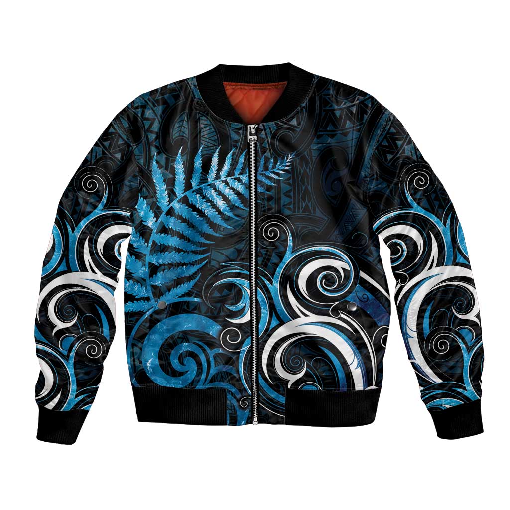 New Zealand Sea Week Bomber Jacket Maori Wave Pattern Ocean Blue LT05 Unisex Blue - Polynesian Pride