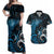 New Zealand Sea Week Couples Matching Off Shoulder Maxi Dress and Hawaiian Shirt Maori Wave Pattern Ocean Blue