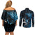 New Zealand Sea Week Couples Matching Off Shoulder Short Dress and Long Sleeve Button Shirt Maori Wave Pattern Ocean Blue