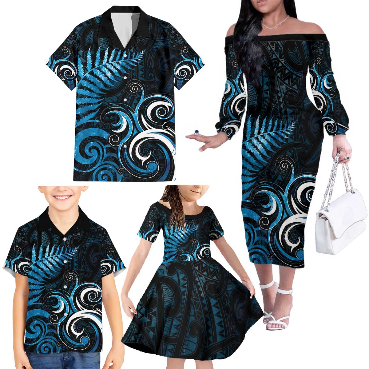 New Zealand Sea Week Family Matching Off The Shoulder Long Sleeve Dress and Hawaiian Shirt Maori Wave Pattern Ocean Blue