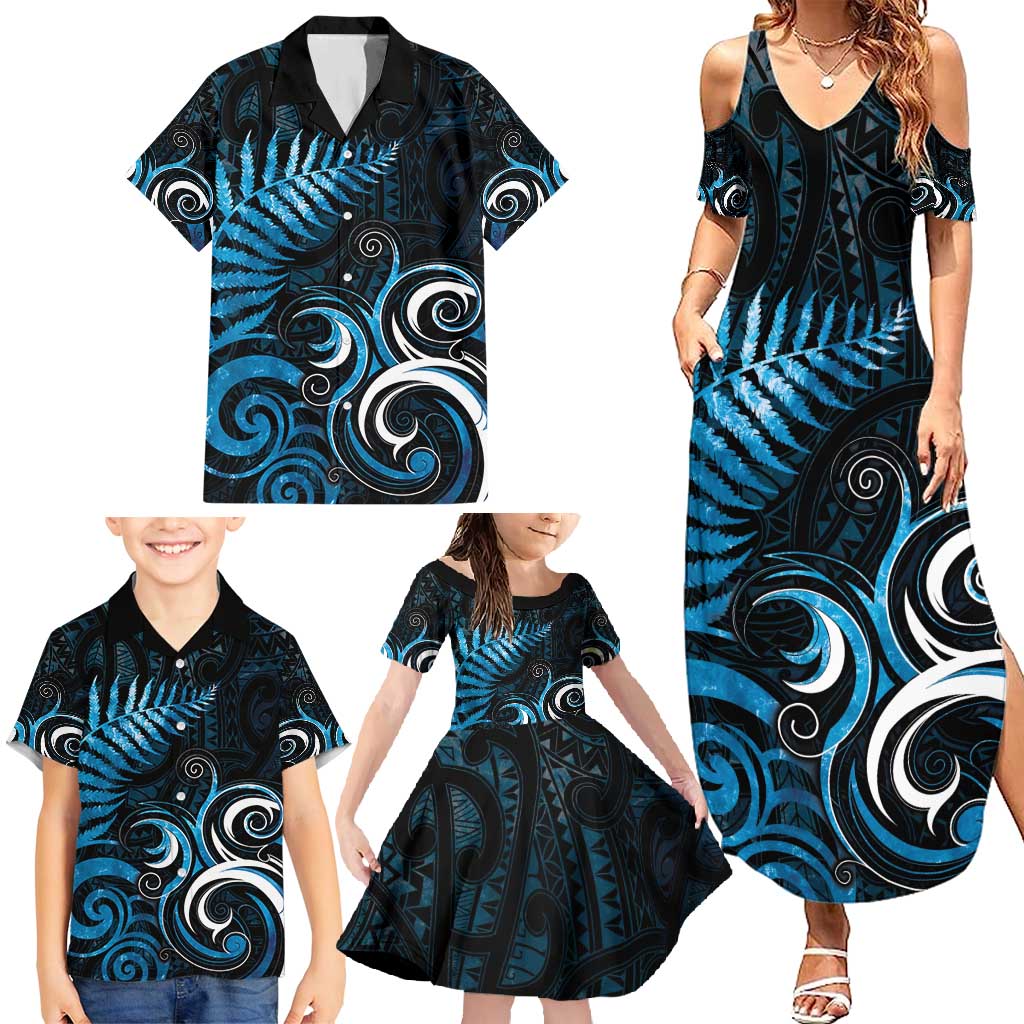 New Zealand Sea Week Family Matching Summer Maxi Dress and Hawaiian Shirt Maori Wave Pattern Ocean Blue