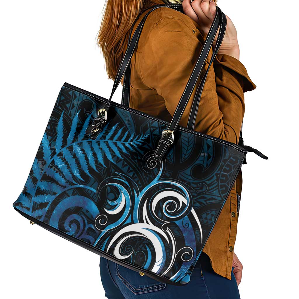 New Zealand Sea Week Leather Tote Bag Maori Wave Pattern Ocean Blue LT05 - Polynesian Pride