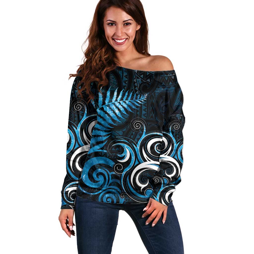 New Zealand Sea Week Off Shoulder Sweater Maori Wave Pattern Ocean Blue LT05 Women Blue - Polynesian Pride