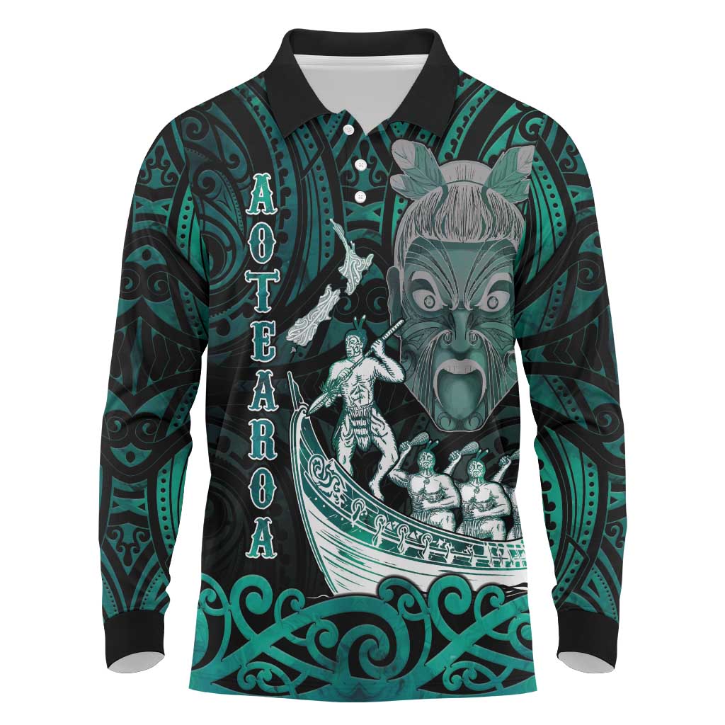 Personalised New Zealand Waka Racing Long Sleeve Polo Shirt Maori Warriors LT05 Green - Polynesian Pride