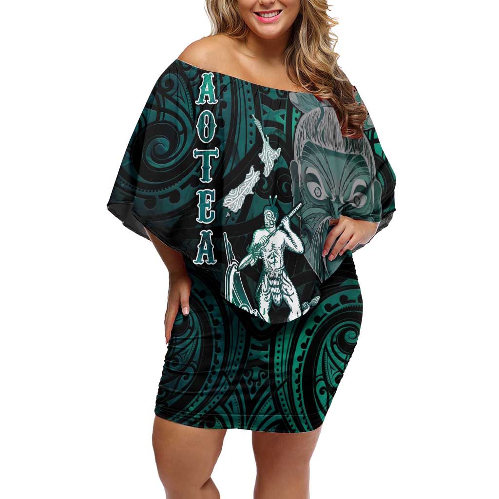 Personalised New Zealand Waka Racing Off Shoulder Short Dress Maori Warriors LT05 Women Green - Polynesian Pride