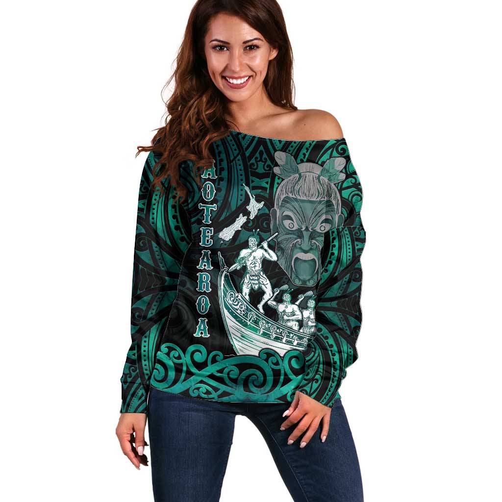 Personalised New Zealand Waka Racing Off Shoulder Sweater Maori Warriors LT05 Women Green - Polynesian Pride