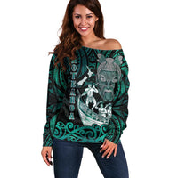 Personalised New Zealand Waka Racing Off Shoulder Sweater Maori Warriors LT05 Women Green - Polynesian Pride