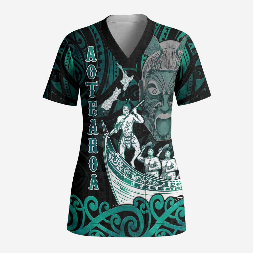 Personalised New Zealand Waka Racing Scrub Top Maori Warriors LT05 Adult Green - Polynesian Pride