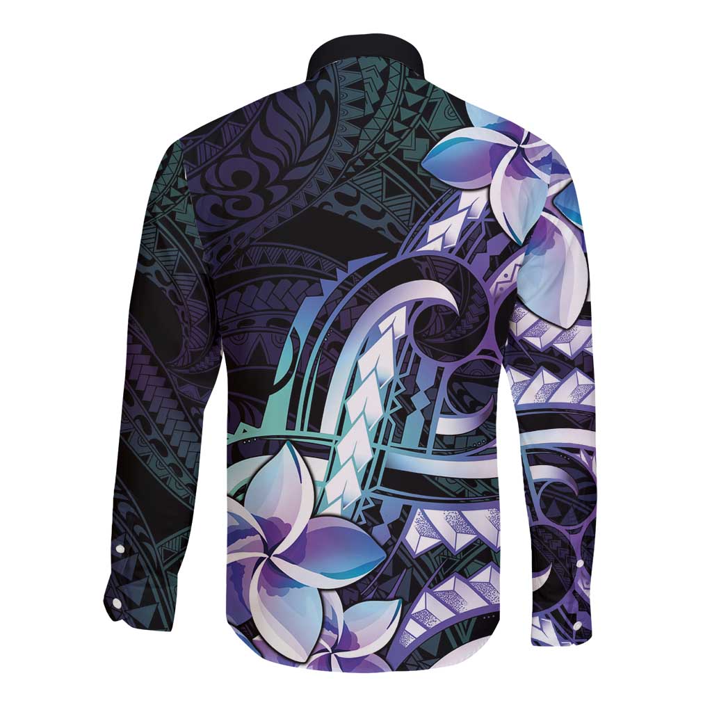 Polynesian Art Tattoo Long Sleeve Button Shirt Plumeria Flowers Turquoise Gradient LT05 - Polynesian Pride