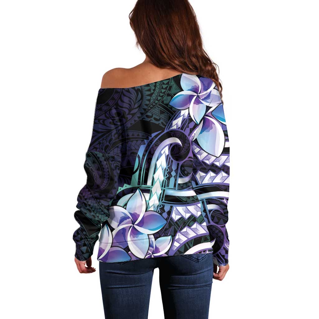 Polynesian Art Tattoo Off Shoulder Sweater Plumeria Flowers Turquoise Gradient LT05 - Polynesian Pride