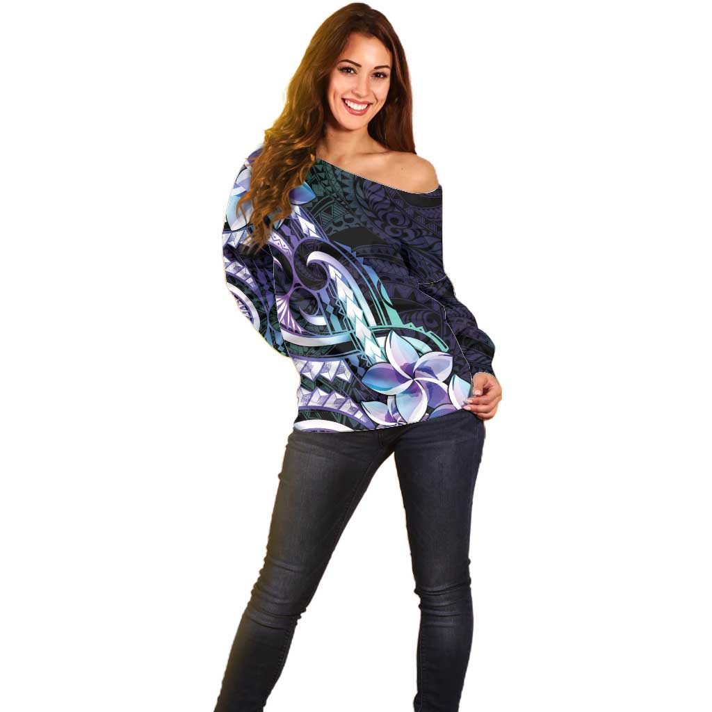 Polynesian Art Tattoo Off Shoulder Sweater Plumeria Flowers Turquoise Gradient LT05 - Polynesian Pride
