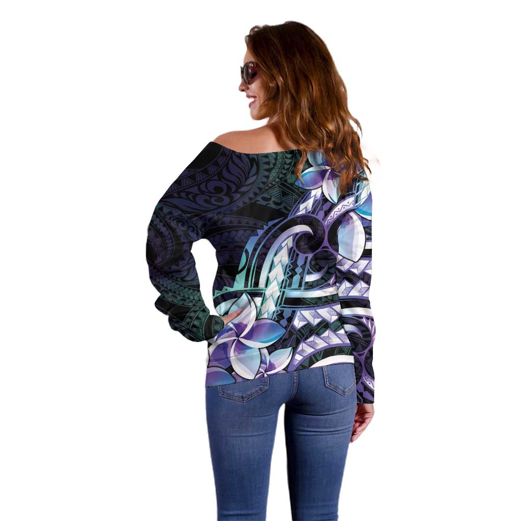Polynesian Art Tattoo Off Shoulder Sweater Plumeria Flowers Turquoise Gradient LT05 - Polynesian Pride