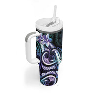 Polynesian Art Tattoo Tumbler With Handle Plumeria Flowers Turquoise Gradient LT05 - Polynesian Pride