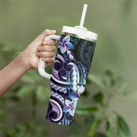 Polynesian Art Tattoo Tumbler With Handle Plumeria Flowers Turquoise Gradient LT05 - Polynesian Pride