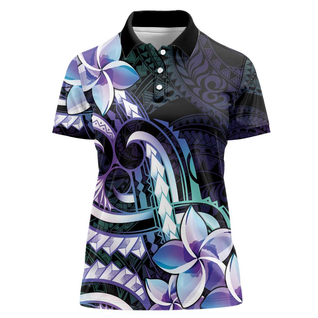 Polynesian Art Tattoo Women Polo Shirt Plumeria Flowers Turquoise Gradient