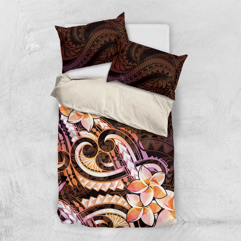 Polynesian Art Tattoo Bedding Set Plumeria Flowers Peach Gradient LT05 US Twin 172cm x 218cm Peach - Polynesian Pride