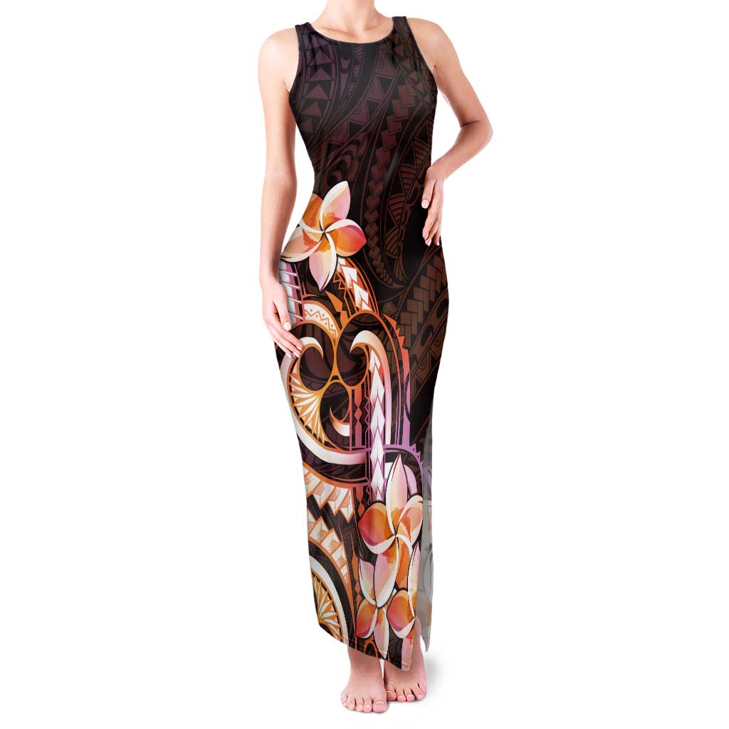 Polynesian Art Tattoo Tank Maxi Dress Plumeria Flowers Peach Gradient