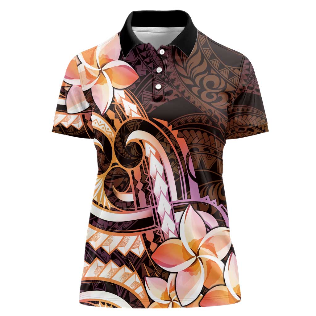 Polynesian Art Tattoo Women Polo Shirt Plumeria Flowers Peach Gradient