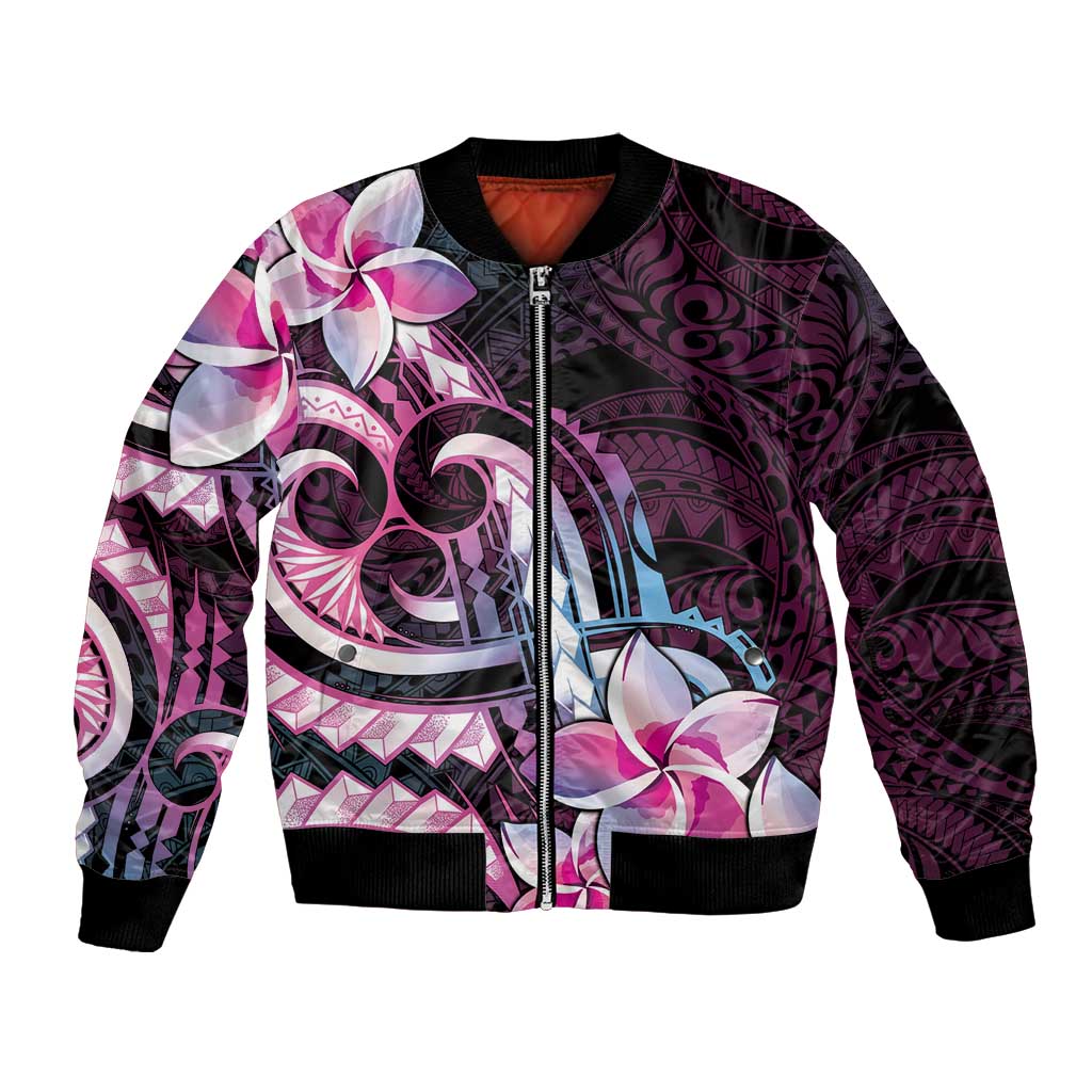 Polynesian Art Tattoo Bomber Jacket Plumeria Flowers Pink Gradient LT05 Unisex Pink - Polynesian Pride