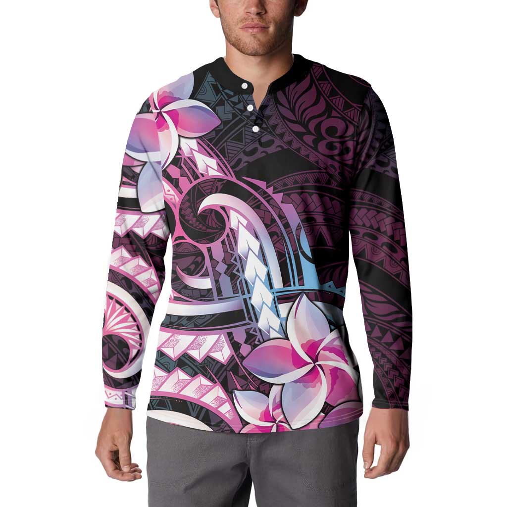Polynesian Art Tattoo Button Sweatshirt Plumeria Flowers Pink Gradient LT05 - Polynesian Pride