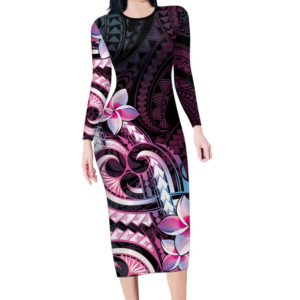 Polynesian Art Tattoo Long Sleeve Bodycon Dress Plumeria Flowers Pink Gradient